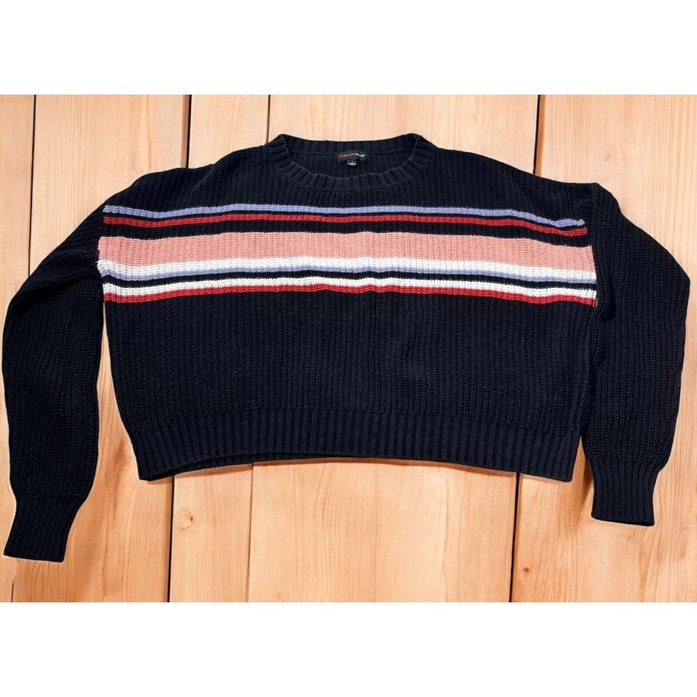 Ambiance Apparel Sweater Womens L Black Multi Striped Round Neck LS Boxy Preppy